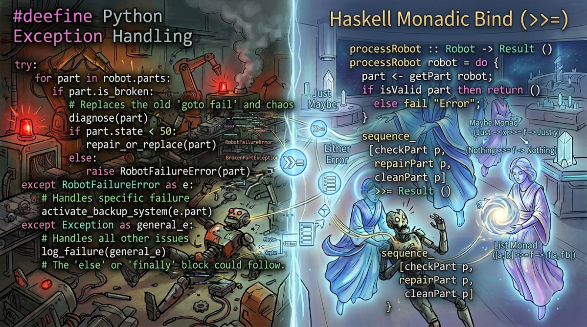 Rather than deal with pyramid of doom code with multiple nested try and except blocks of if , else loops the monadic way is so much cleaner and abstracts away the errors to background and deals with them cleanly. Whether you use Haskell to do it or use a monadic code in your programmes, is up to uou